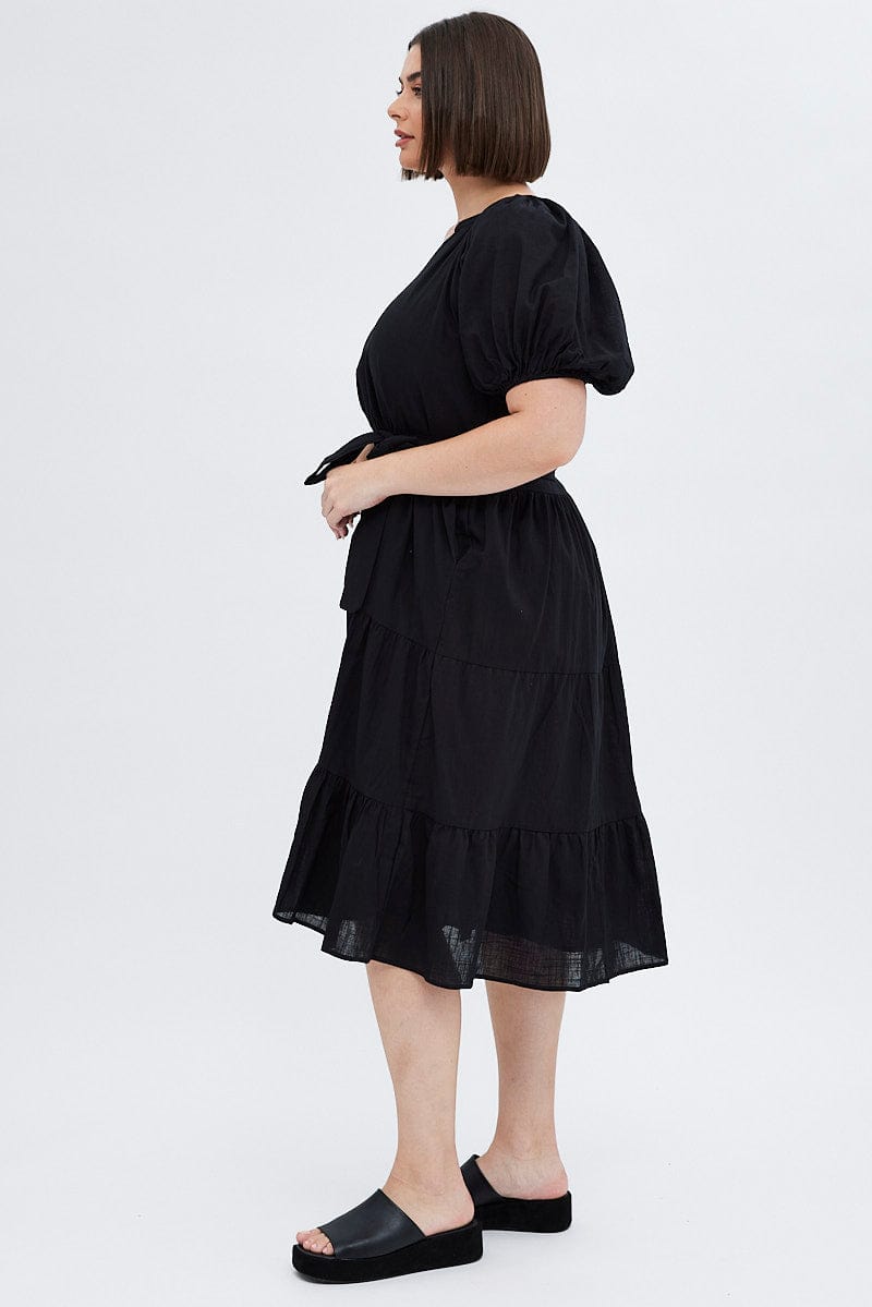 Black Midi Dress Tiered Notch Collar Belted for YouandAll Fashion