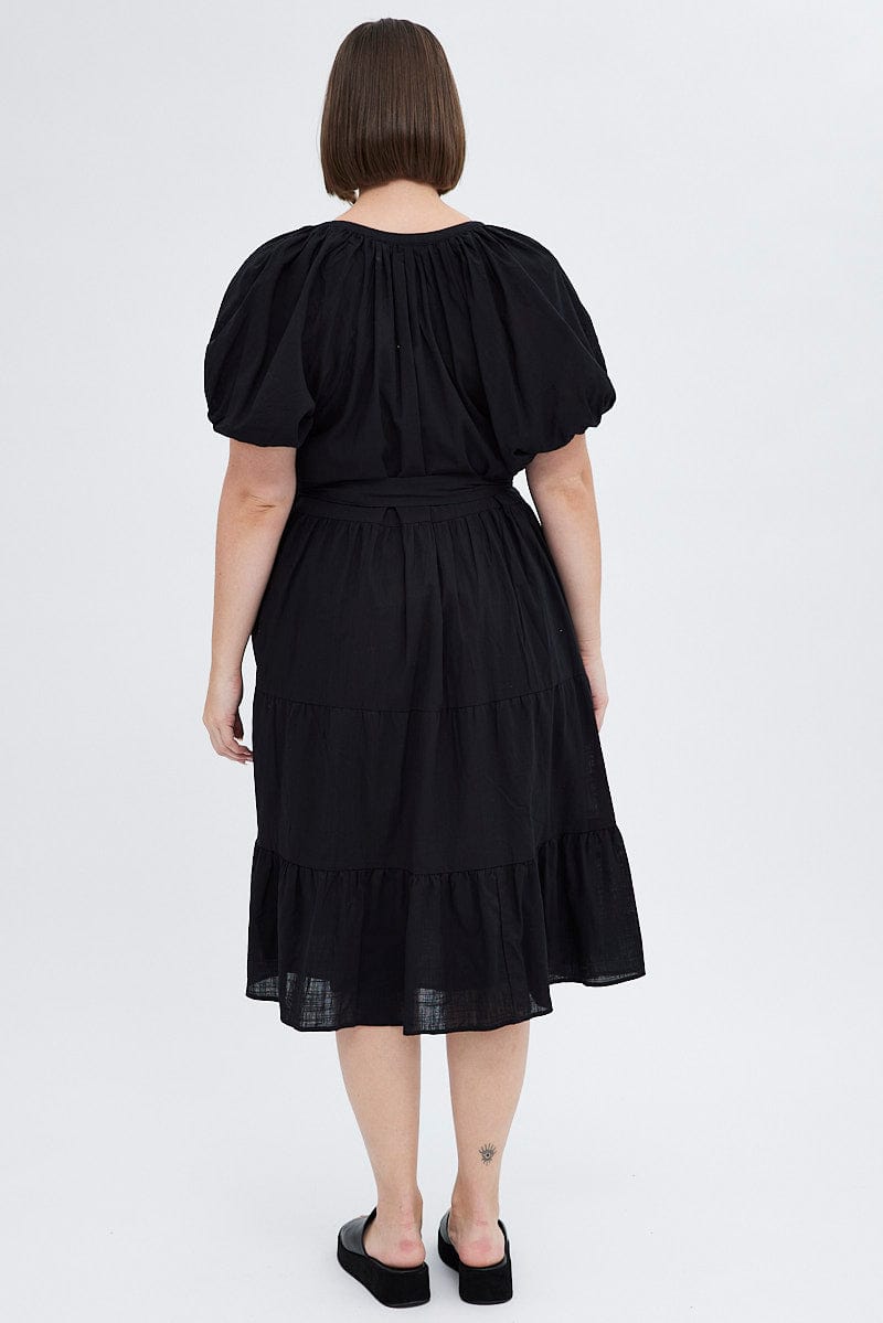 Black Midi Dress Tiered Notch Collar Belted for YouandAll Fashion