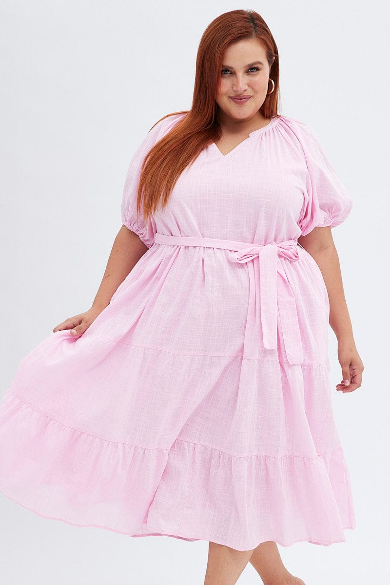 Pink Midi Dress Tiered Notch Collar Belted for YouandAll Fashion