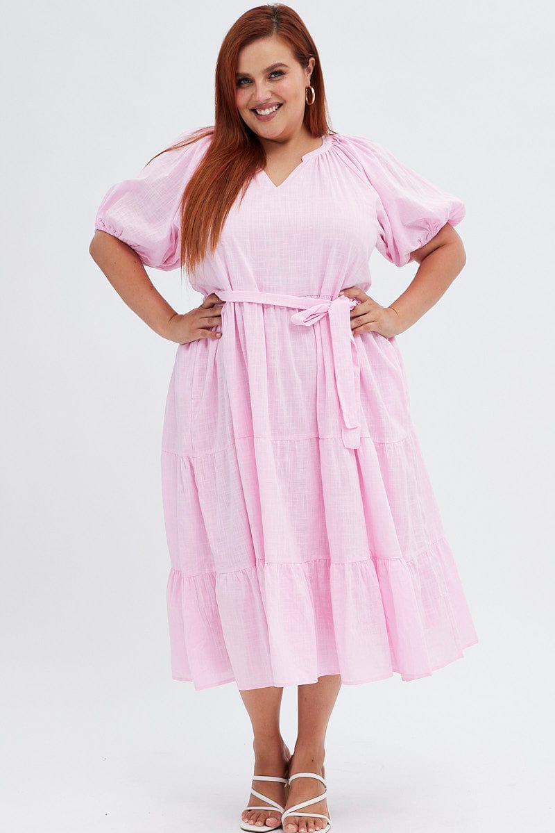 Pink Midi Dress Tiered Notch Collar Belted for YouandAll Fashion