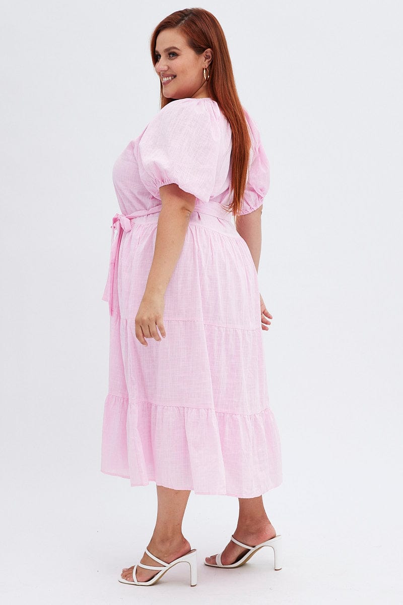 Pink Midi Dress Tiered Notch Collar Belted for YouandAll Fashion