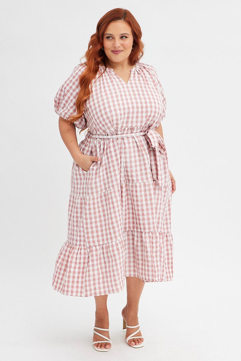 Pink Check Midi Dress Gingham Tie Waist Collared for YouandAll Fashion