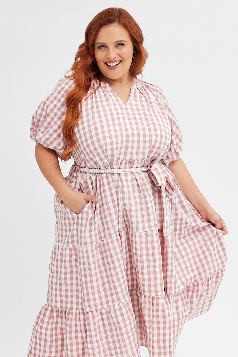 Pink Check Midi Dress Gingham Tie Waist Collared for YouandAll Fashion