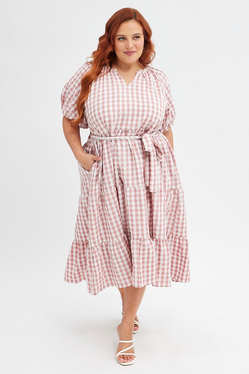 Pink Check Midi Dress Gingham Tie Waist Collared for YouandAll Fashion