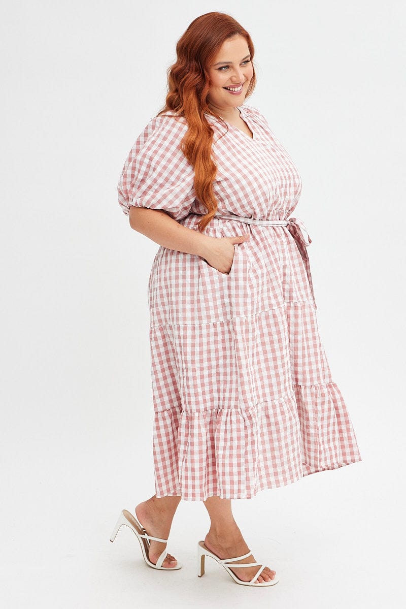 Pink Check Midi Dress Gingham Tie Waist Collared for YouandAll Fashion