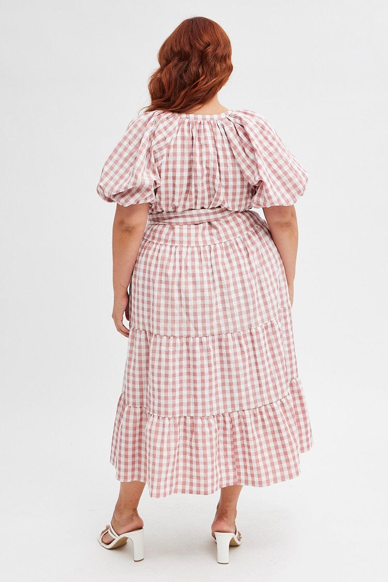 Pink Check Midi Dress Gingham Tie Waist Collared for YouandAll Fashion