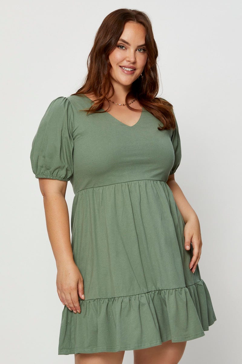 Green Skater Dress V-Neck Puff Sleeve Ruffle Hem For Women By You And All