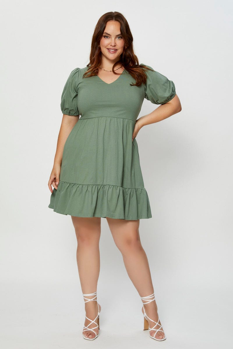 Green Skater Dress V-Neck Puff Sleeve Ruffle Hem For Women By You And All