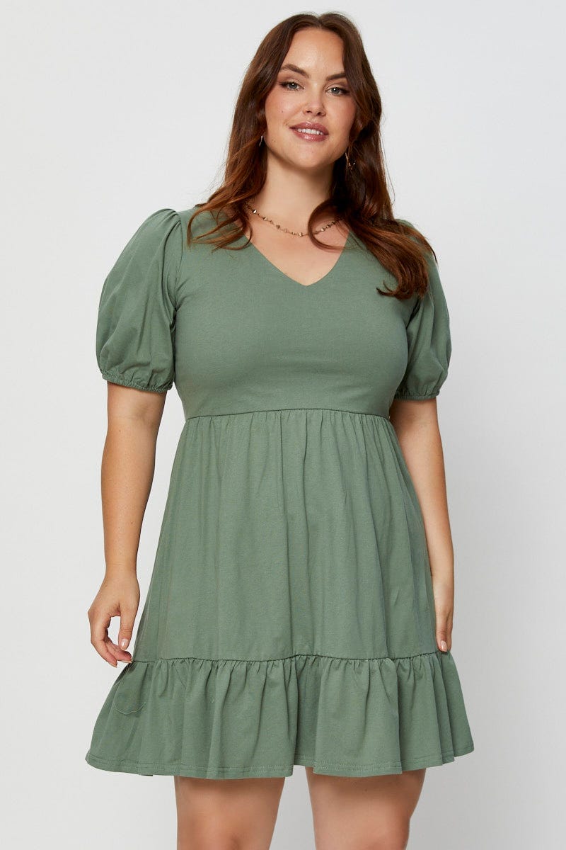 Green Skater Dress V-Neck Puff Sleeve Ruffle Hem For Women By You And All