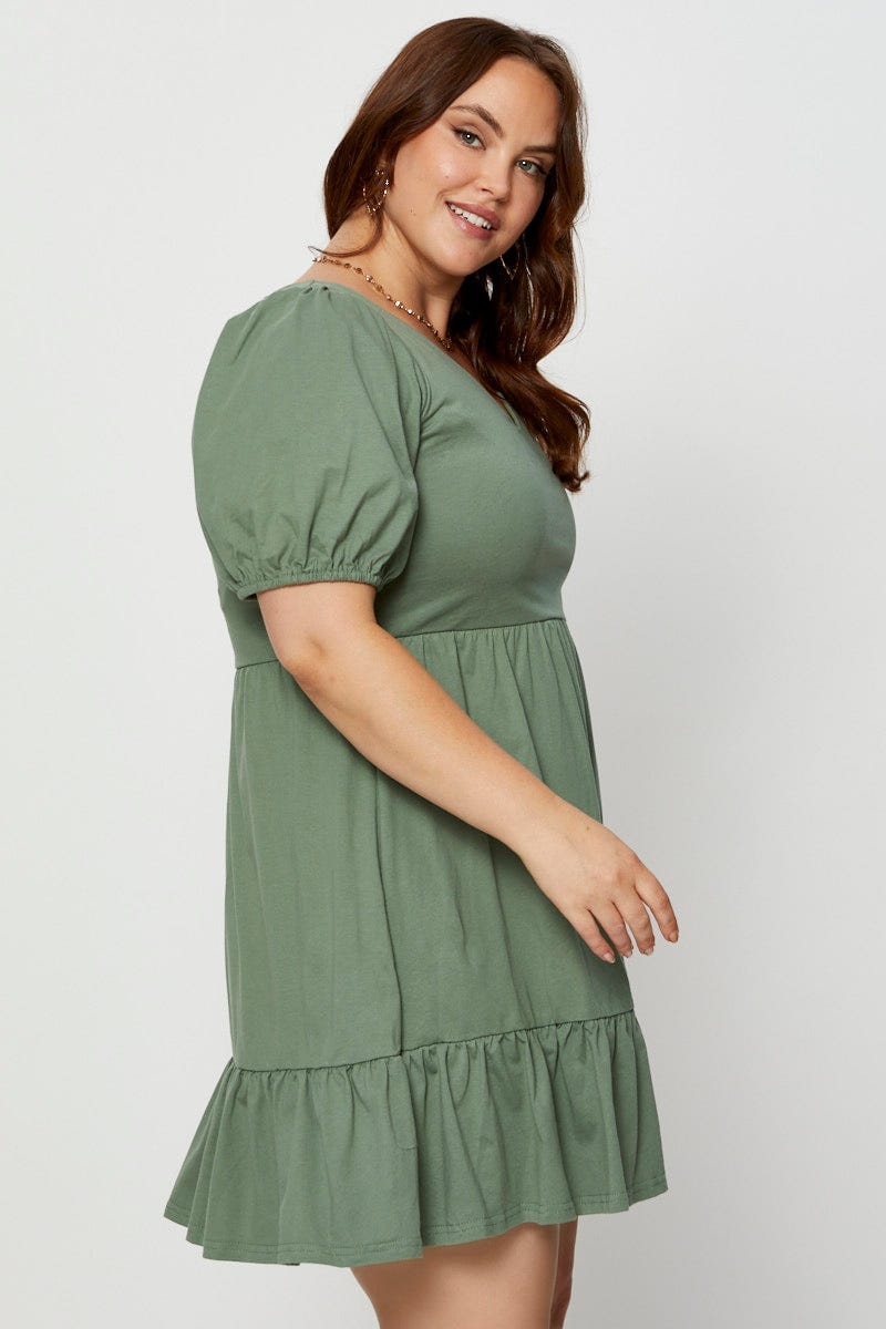 Green Skater Dress V-Neck Puff Sleeve Ruffle Hem For Women By You And All