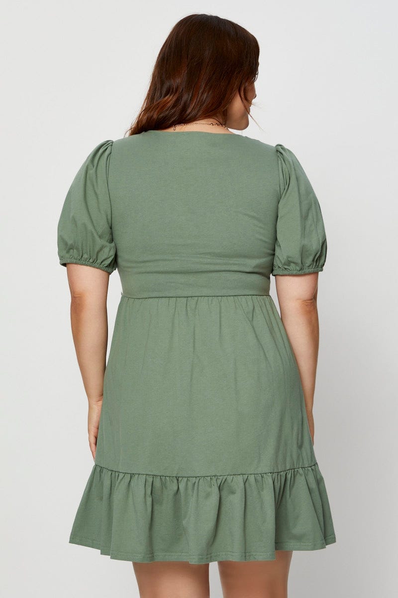 Green Skater Dress V-Neck Puff Sleeve Ruffle Hem For Women By You And All