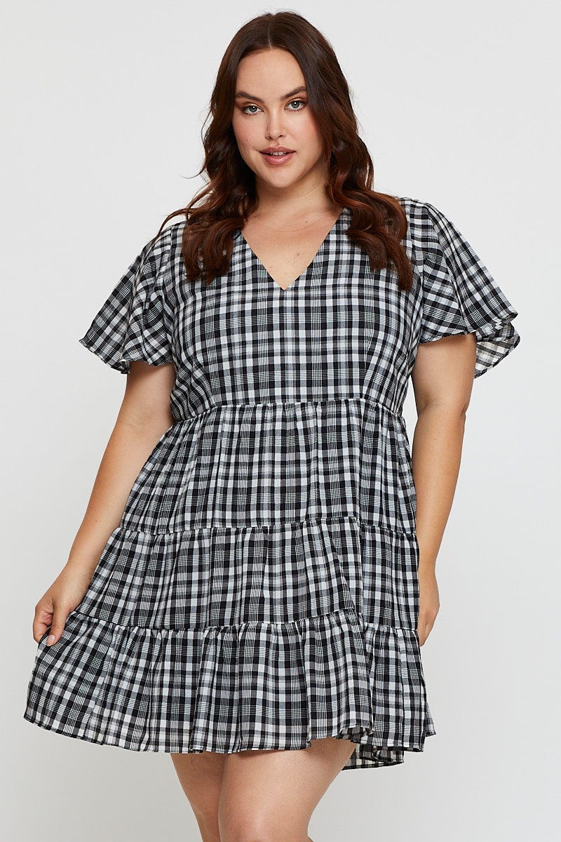 Check Skater Dress V-Neck Short Sleeve For Women By You And All