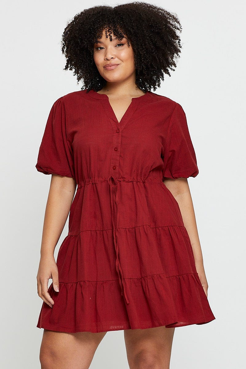 Rust Skater Dress V-Neck Short Sleeve Button For Women By You And All