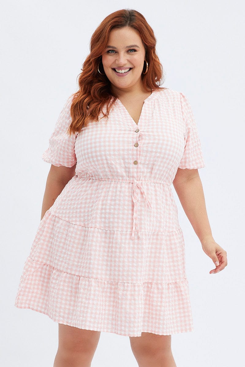 Pink Check Shirt Dress Short Sleeve Tiered for YouandAll Fashion