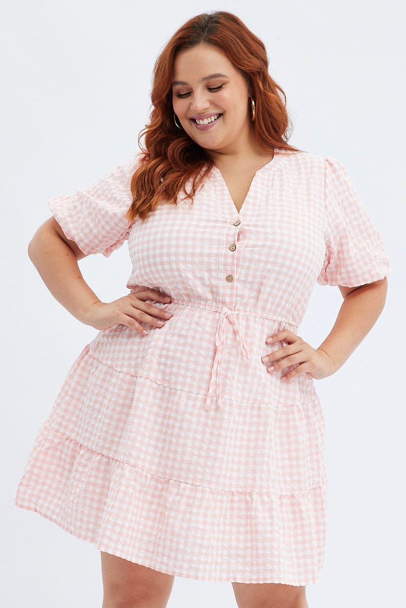 Pink Check Shirt Dress Short Sleeve Tiered for YouandAll Fashion