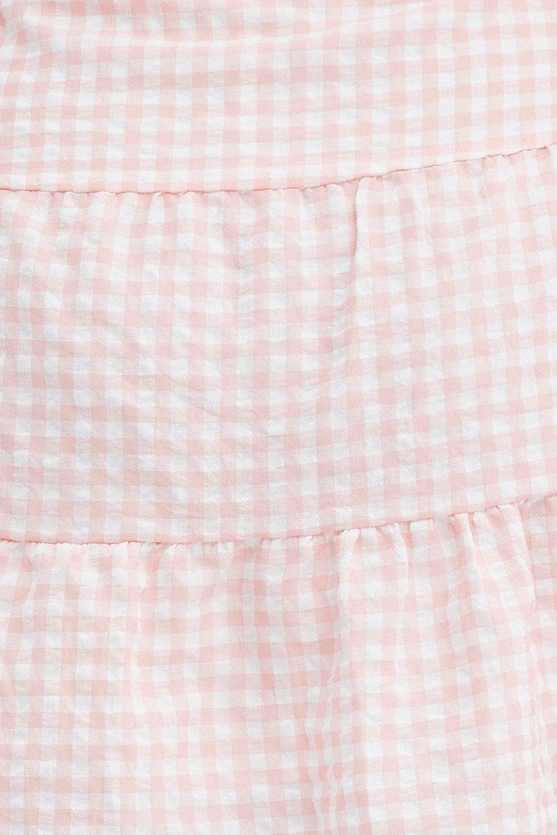 Pink Check Shirt Dress Short Sleeve Tiered for YouandAll Fashion