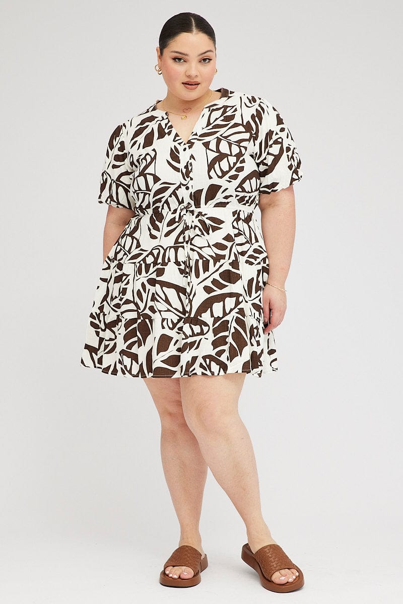 Brown Abstract Shirt Dress Short Sleeve Tiered for YouandAll Fashion