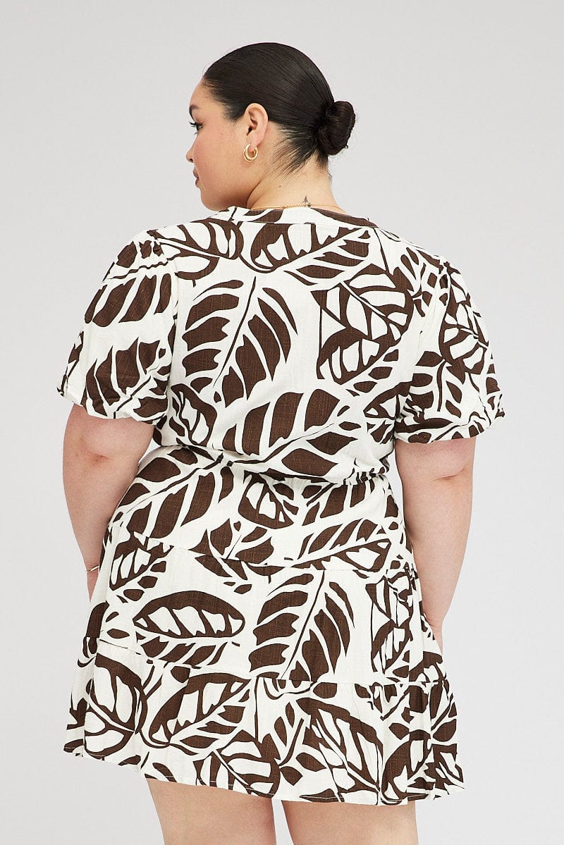 Brown Abstract Shirt Dress Short Sleeve Tiered for YouandAll Fashion