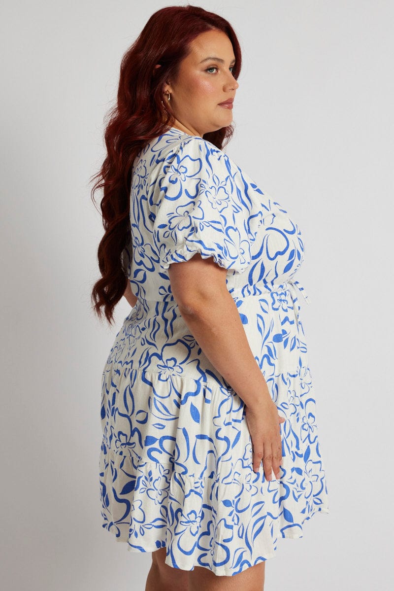 Blue Abstract Shirt Dress Short Sleeve Linen Blend for YouandAll Fashion