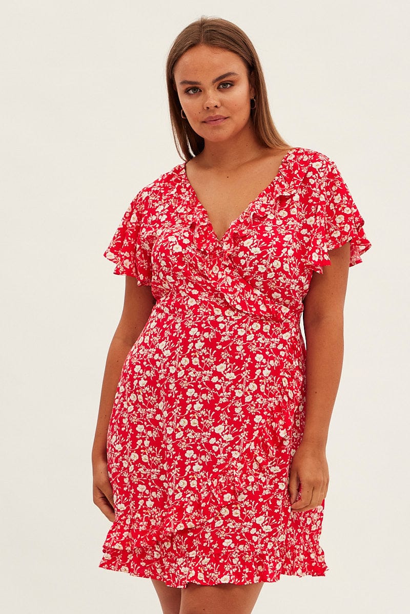 Red Ditsy Wrapover Frill Detail Dress Rayon for YouandAll Fashion