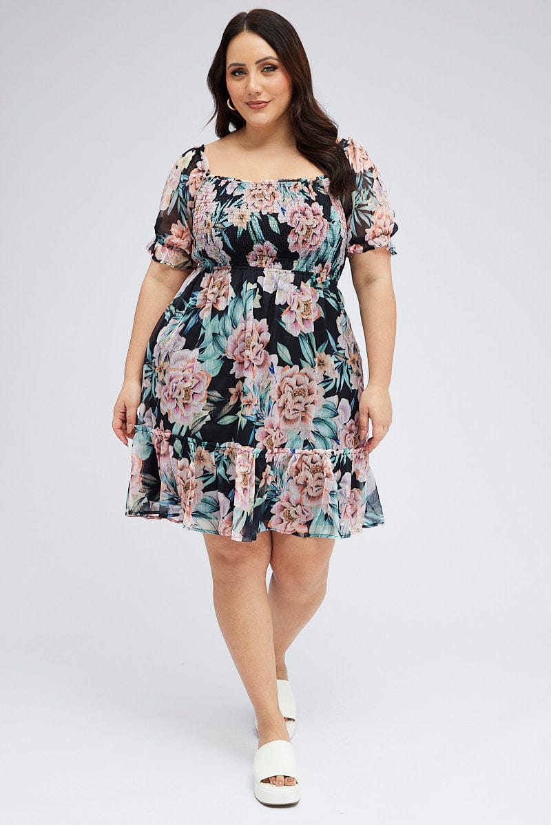 Black Floral Skater Dress Long Sleeve Shirred Floral Chiffon for YouandAll Fashion