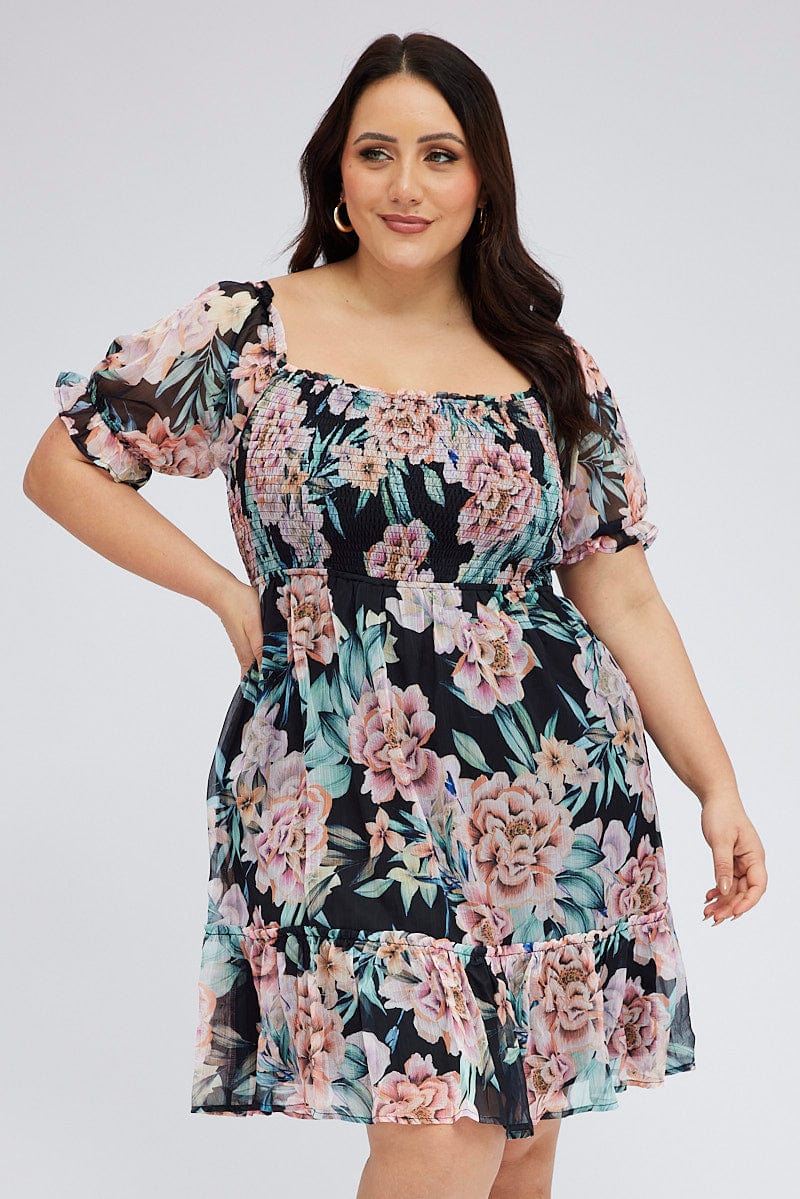 Black Floral Skater Dress Long Sleeve Shirred Floral Chiffon for YouandAll Fashion