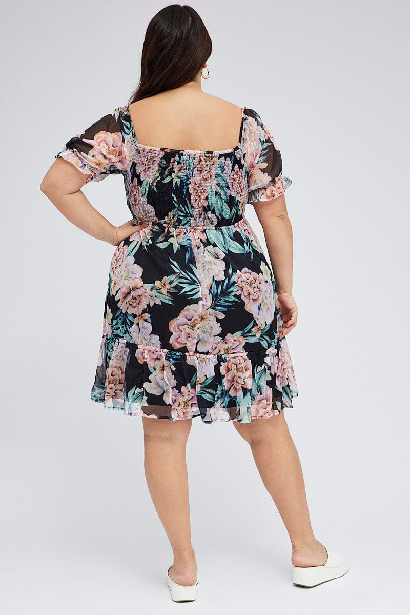 Black Floral Skater Dress Long Sleeve Shirred Floral Chiffon for YouandAll Fashion