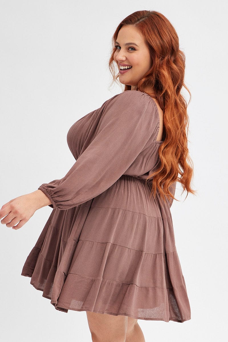 Brown Skater Dress Plain Crinkle Long Sleeve for YouandAll Fashion