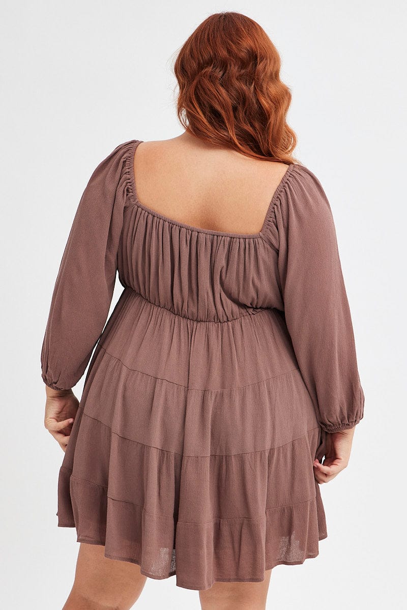 Brown Skater Dress Plain Crinkle Long Sleeve for YouandAll Fashion