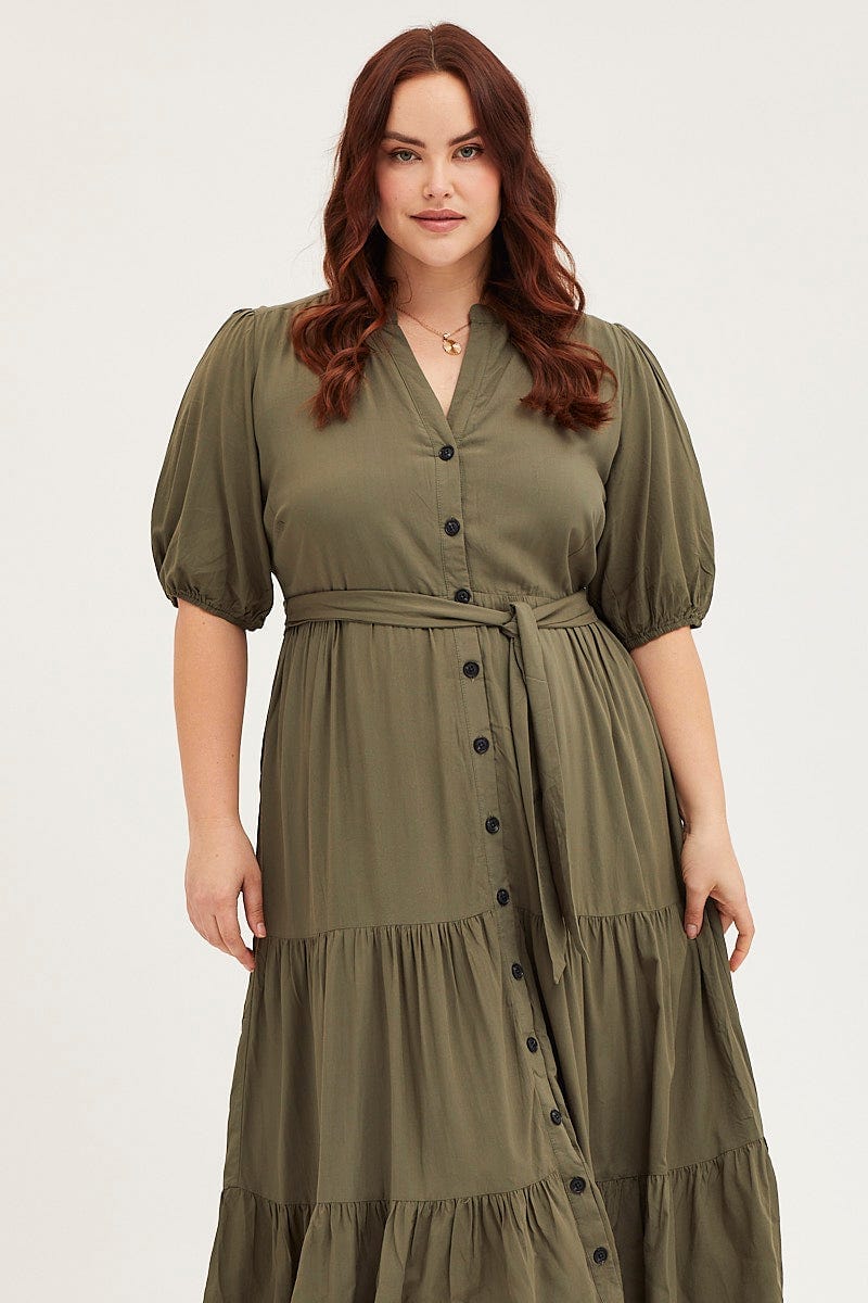 Khaki Short Sleeve Black Collared Button Midi Dress For Women By You And All