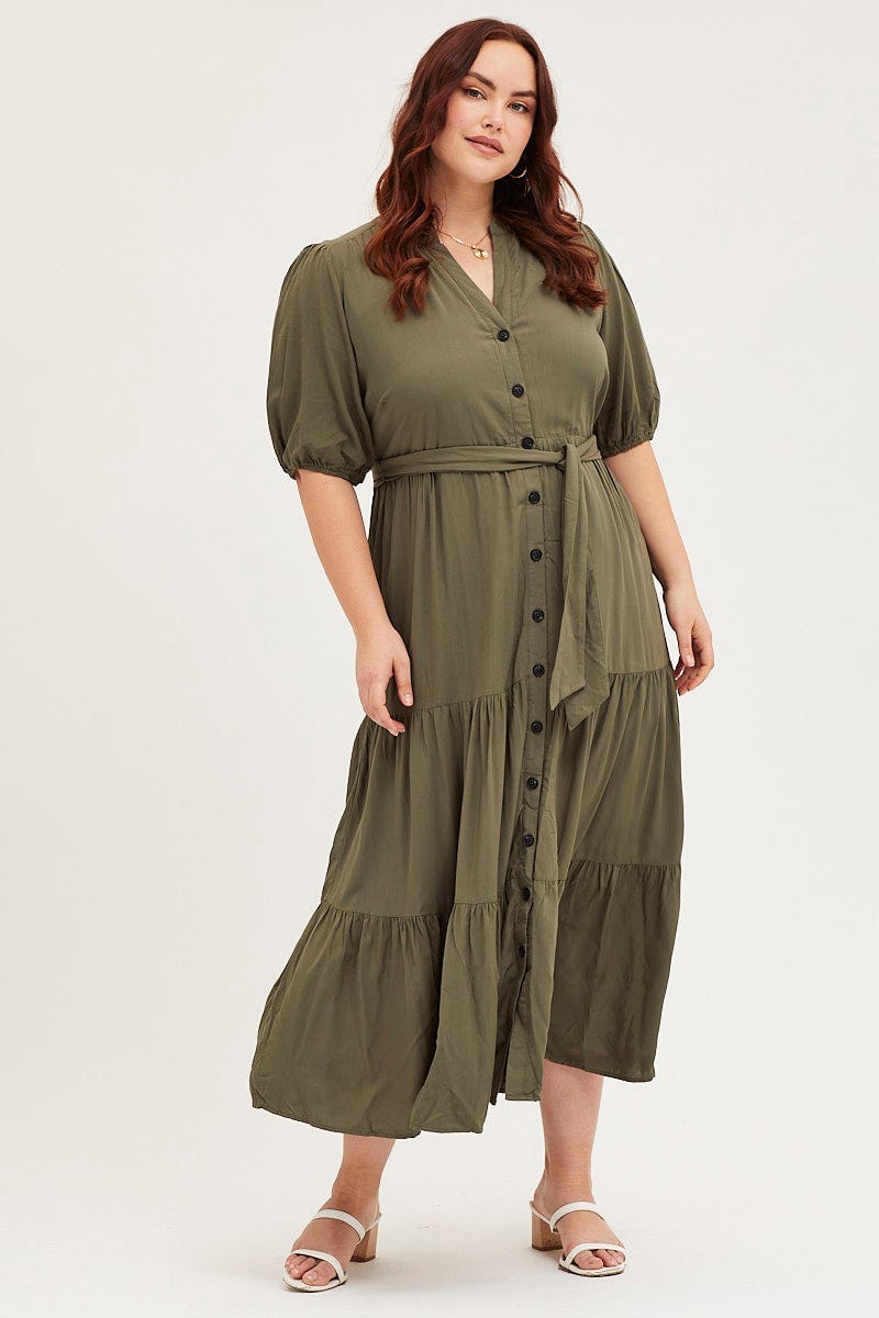 Khaki Short Sleeve Black Collared Button Midi Dress For Women By You And All