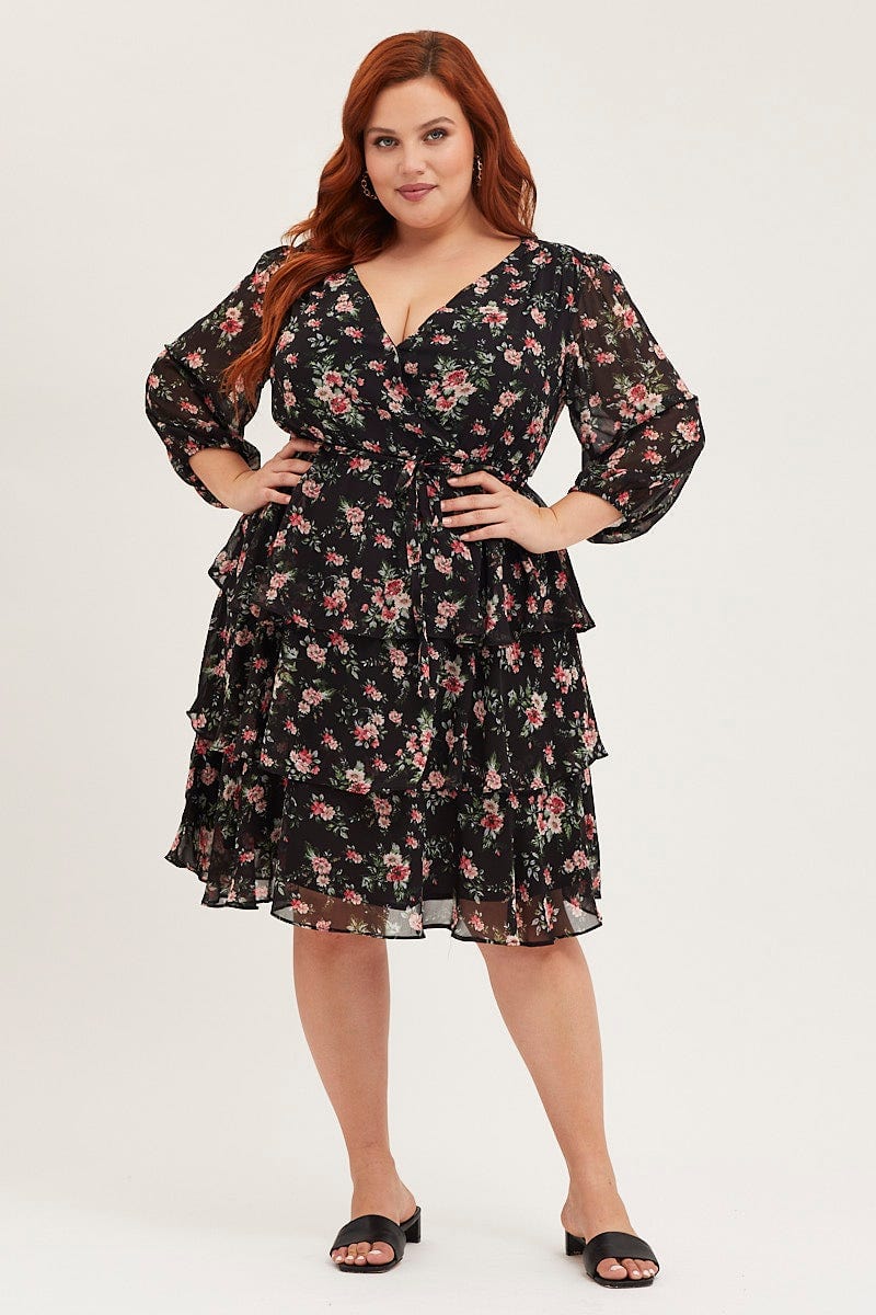 Floral Prt Midi Dress V-Neck Long Sleeve For Women By You And All