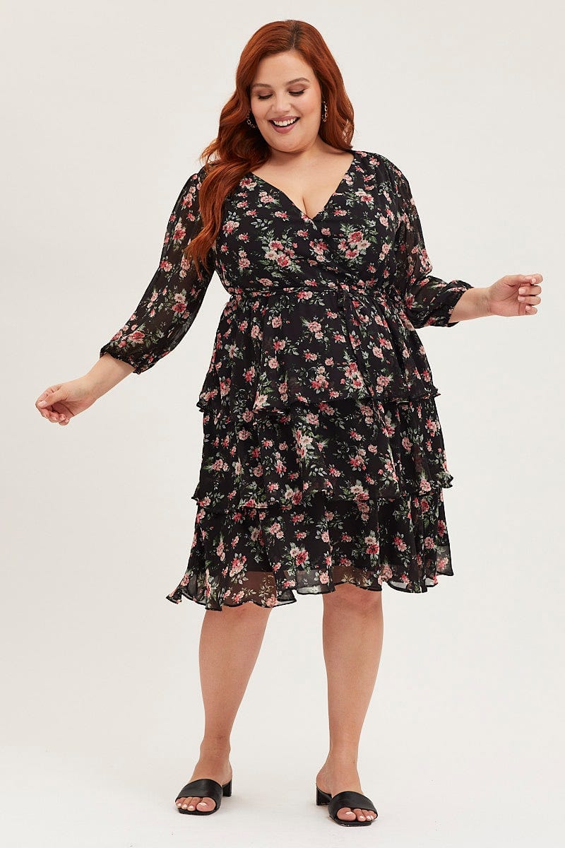 Floral Prt Midi Dress V-Neck Long Sleeve For Women By You And All