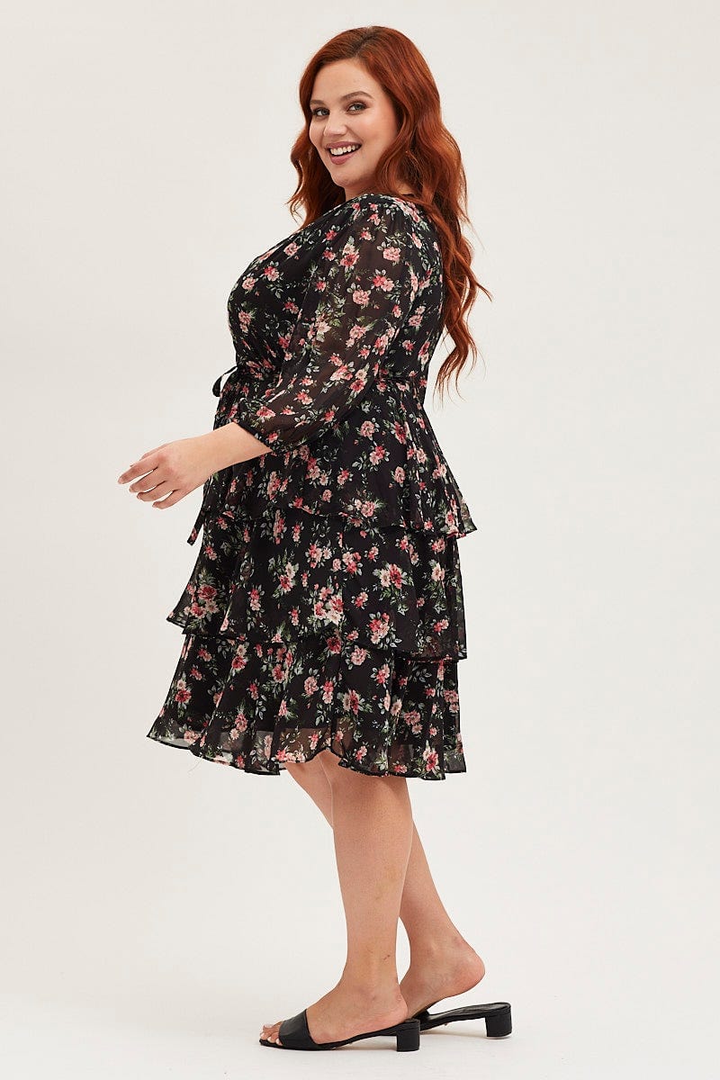 Floral Prt Midi Dress V-Neck Long Sleeve For Women By You And All