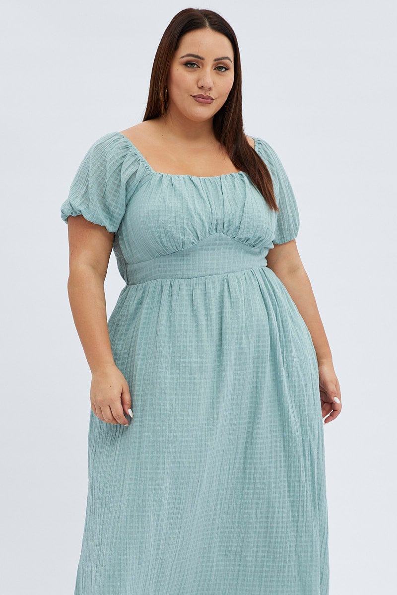 Green Midi Dress Check Cotton Puff Sleeve