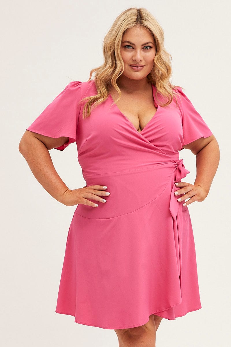 pink wrap dress short sleeve AND YOU Park Slope Short Sleeve Wrap Dress - Coral Pink