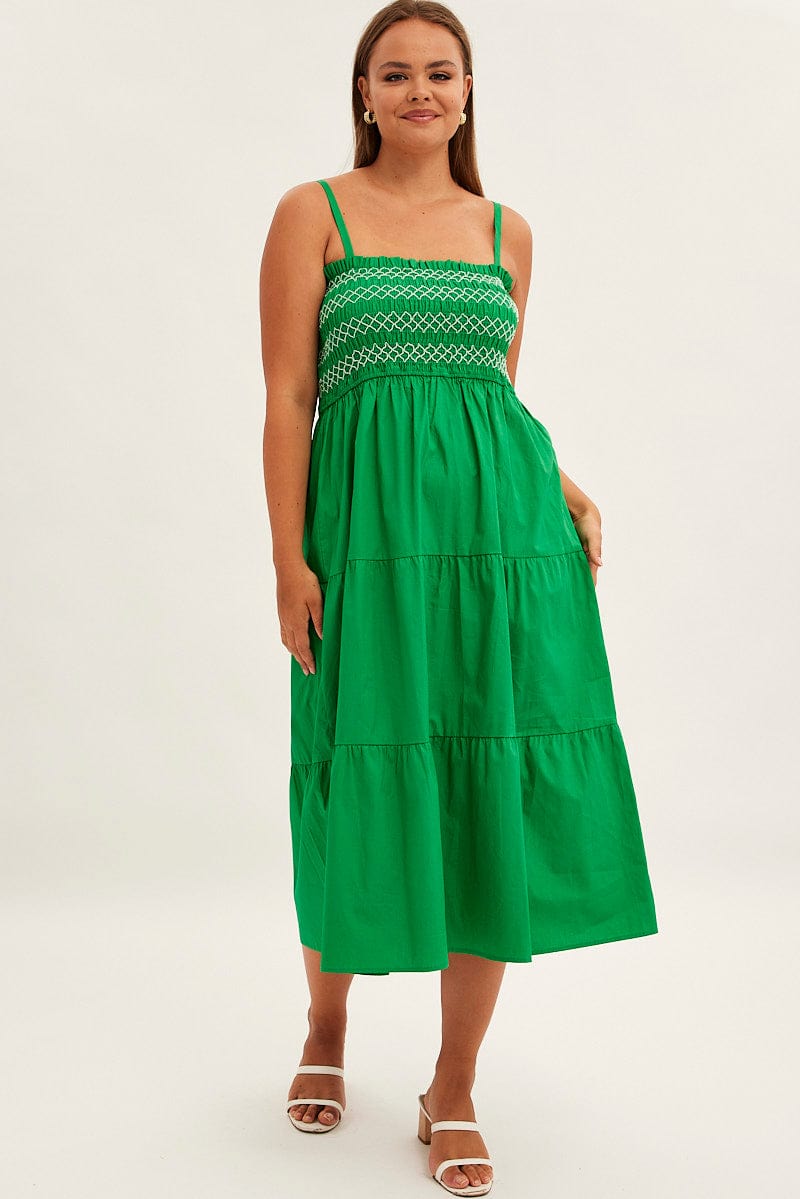 Green Strap Tiered Maxi Dress Smocked for YouandAll Fashion