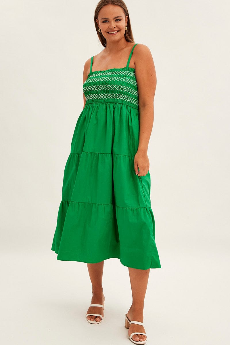 Green Strap Tiered Maxi Dress Smocked for YouandAll Fashion