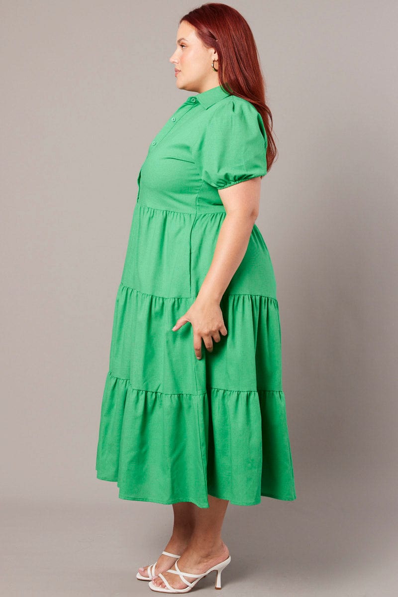 Green Tiered Midi Shirt Dress for YouandAll Fashion