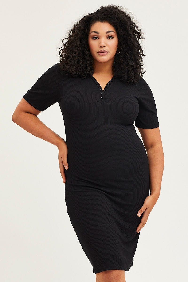 Black Bodycon Dress V-Neck Long Sleeve Rib For Women By You And All