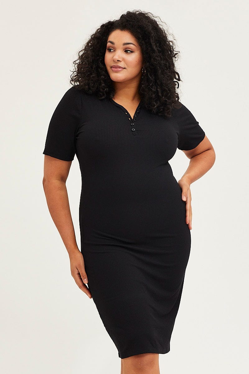 Black Bodycon Dress V-Neck Long Sleeve Rib For Women By You And All
