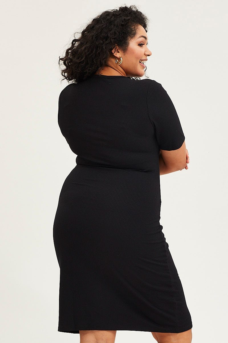 Plus Size Black Bodycon Dress V-Neck Long Sleeve Rib