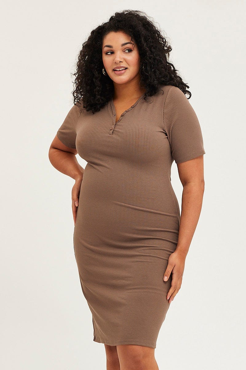 Plus Size Brown Bodycon Dress V-Neck Long Sleeve Rib | You + All | Shop Online | You & All Plus Size Brown Bodycon Dress V-Neck Long Sleeve Rib | You + All | Shop Online | You & All