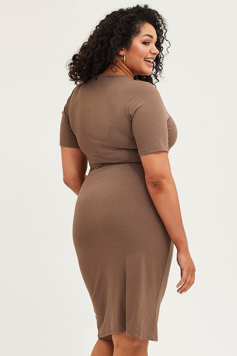 Plus Size Brown Bodycon Dress V-Neck Long Sleeve Rib