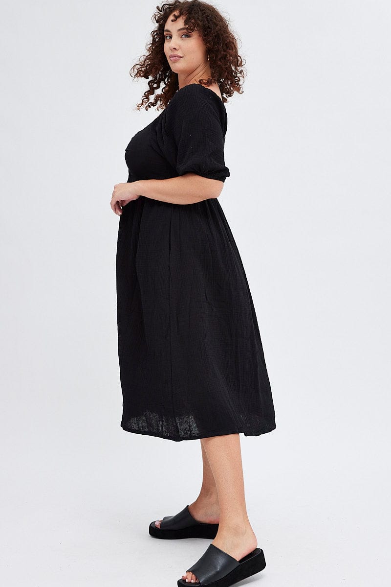 Black Midi Dress Crushed Cotton Puff Sleeve for YouandAll Fashion