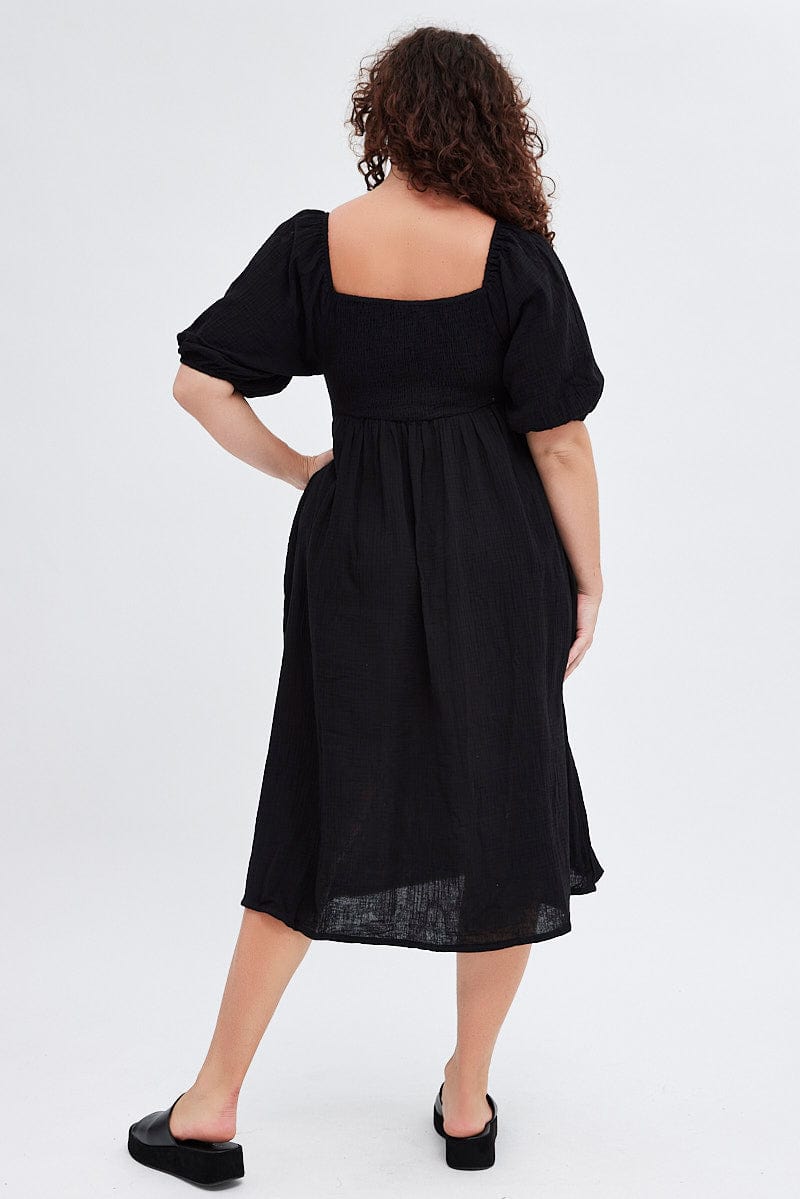 Black Midi Dress Crushed Cotton Puff Sleeve for YouandAll Fashion