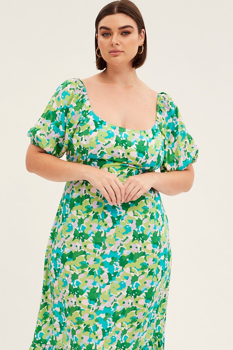 Green Floral Midi Dress Puff Sleeve Tie Front Rayon for YouandAll Fashion