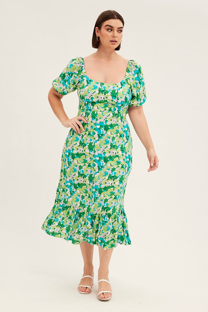 Green Floral Midi Dress Puff Sleeve Tie Front Rayon for YouandAll Fashion