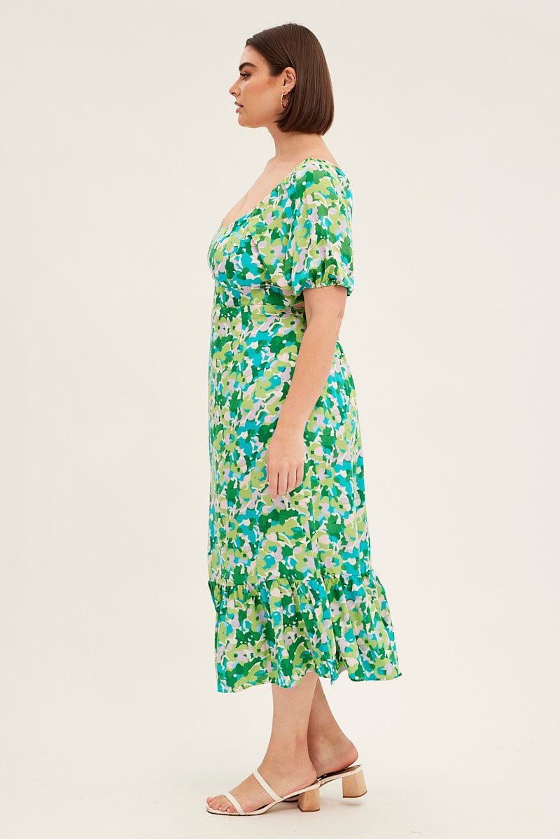 Green Floral Midi Dress Puff Sleeve Tie Front Rayon for YouandAll Fashion