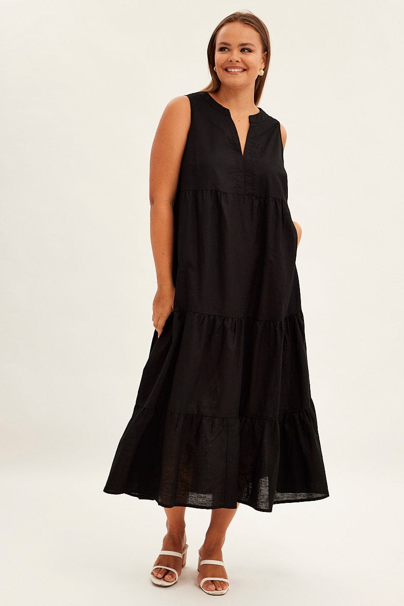 Black Maxi Dress Sleeveless Tiered Linen Blend for YouandAll Fashion